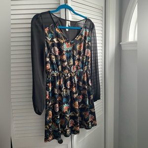 Pink Owl Black Floral Print Long Sleeve Mini Dress